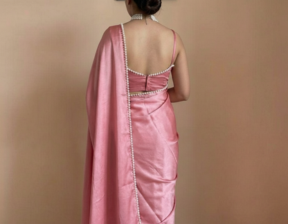 Floral Pink Satin Saree with Moti Lace Border and Matching Blouse