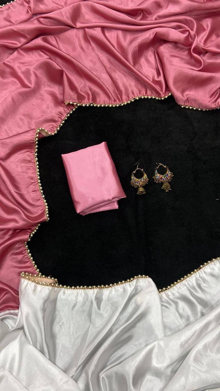 Floral Pink Satin Saree with Moti Lace Border and Matching Blouse