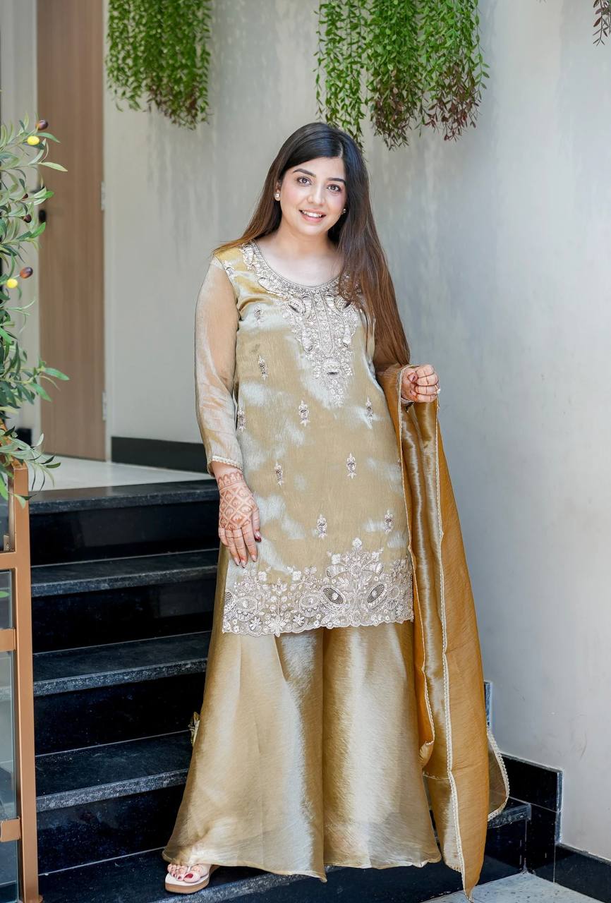 Gold Designer Pure Silky Silk Top Bottom and Dupatta For Party Wear