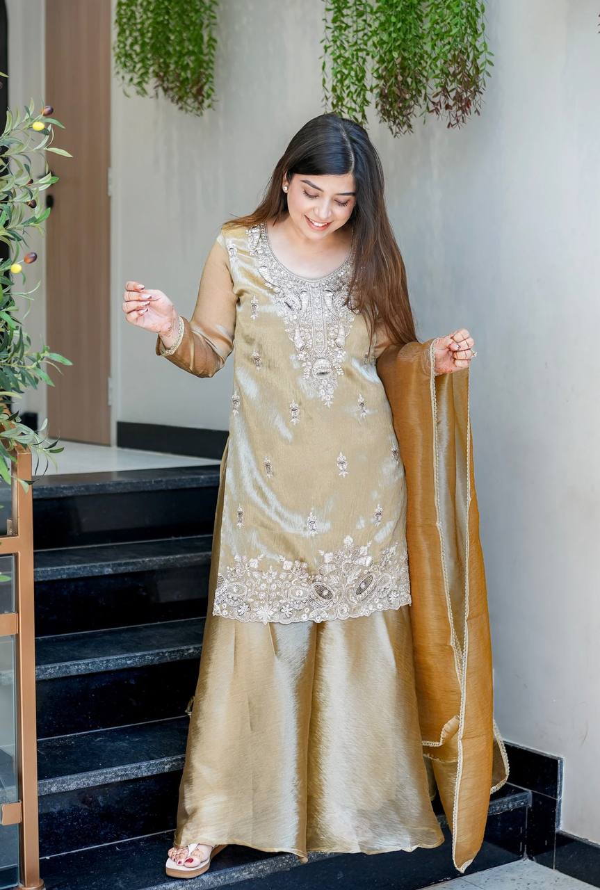 Gold Designer Pure Silky Silk Top Bottom and Dupatta For Party Wear