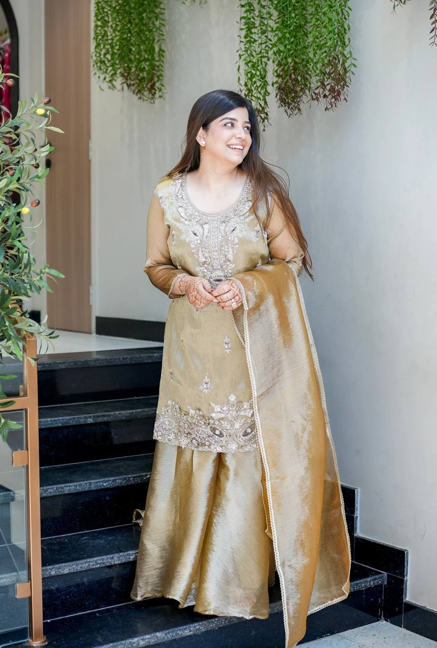 Gold Designer Pure Silky Silk Top Bottom and Dupatta For Party Wear