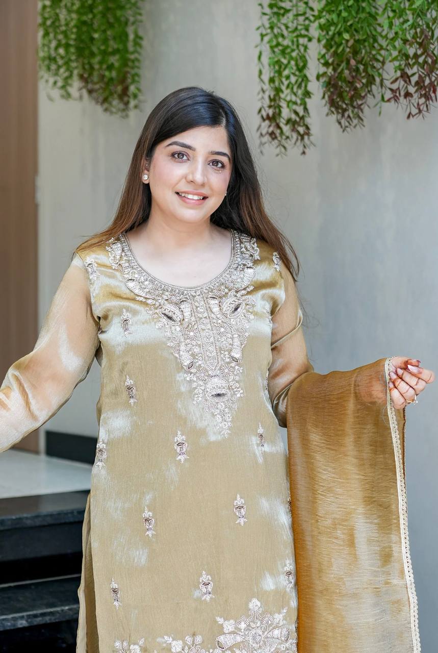 Gold Designer Pure Silky Silk Top Bottom and Dupatta For Party Wear