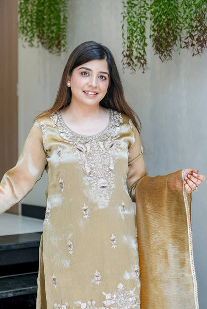 Gold Designer Pure Silky Silk Top Bottom and Dupatta For Party Wear