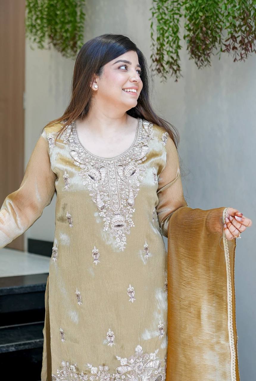 Gold Designer Pure Silky Silk Top Bottom and Dupatta For Party Wear