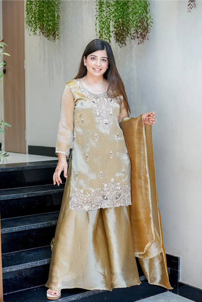 Gold Designer Pure Silky Silk Top Bottom and Dupatta For Party Wear