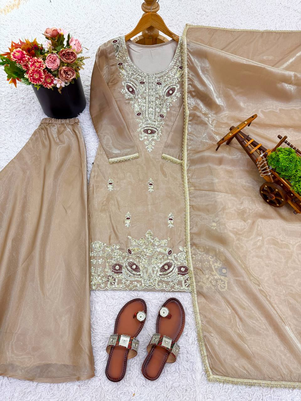 Gold Designer Pure Silky Silk Top Bottom and Dupatta For Party Wear