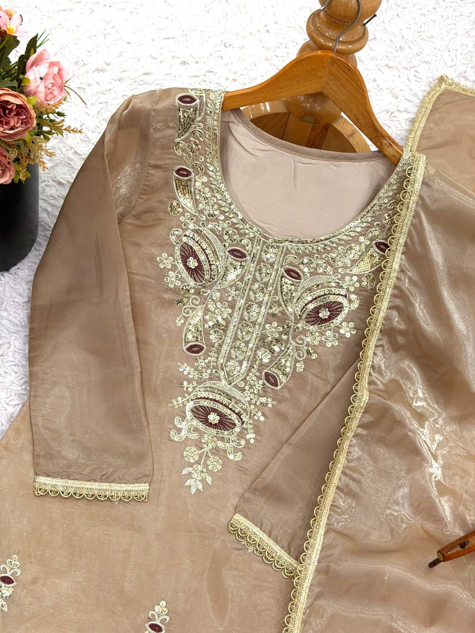 Gold Designer Pure Silky Silk Top Bottom and Dupatta For Party Wear