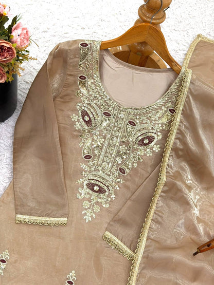 Gold Designer Pure Silky Silk Top Bottom and Dupatta For Party Wear