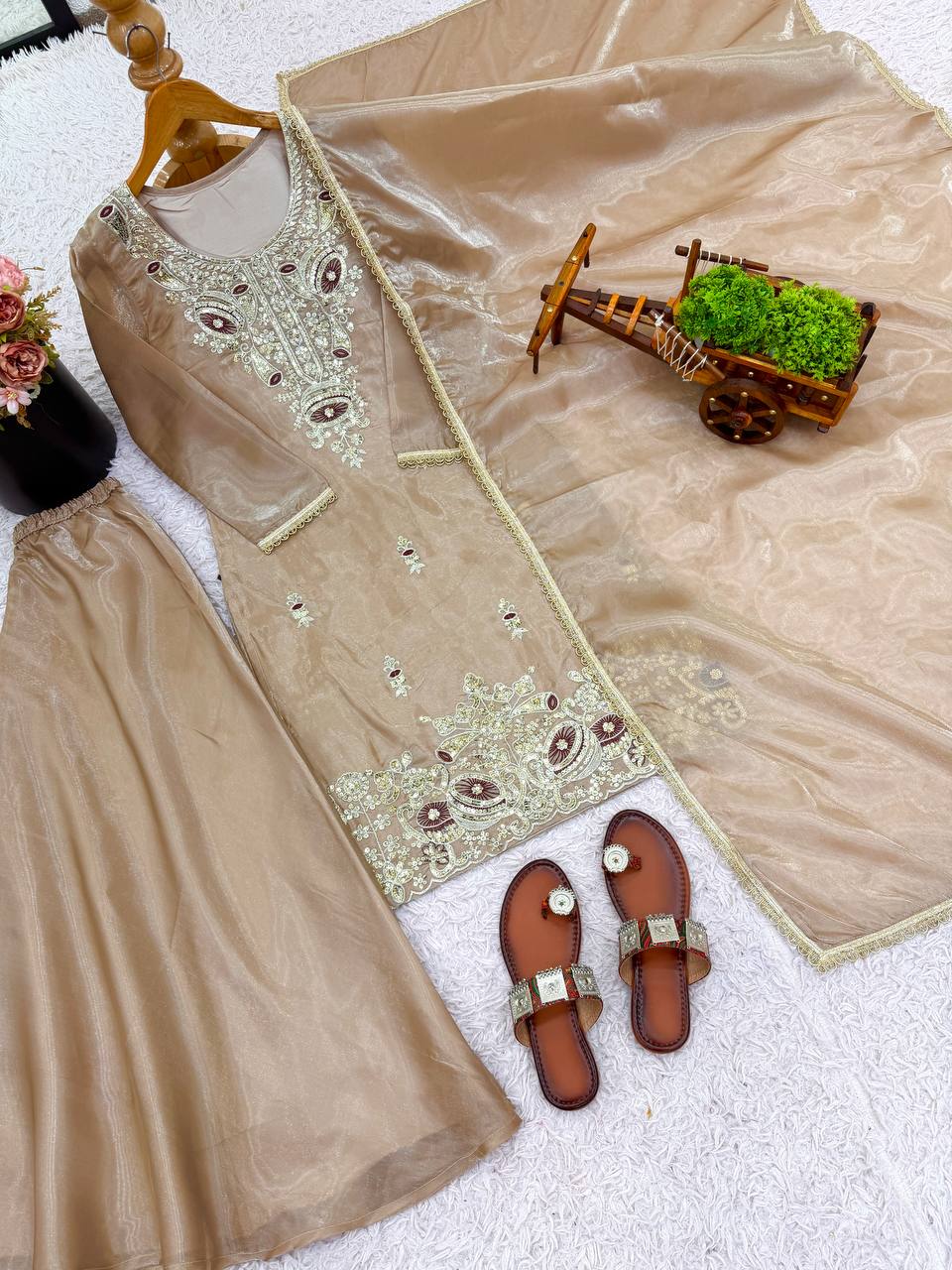 Gold Designer Pure Silky Silk Top Bottom and Dupatta For Party Wear