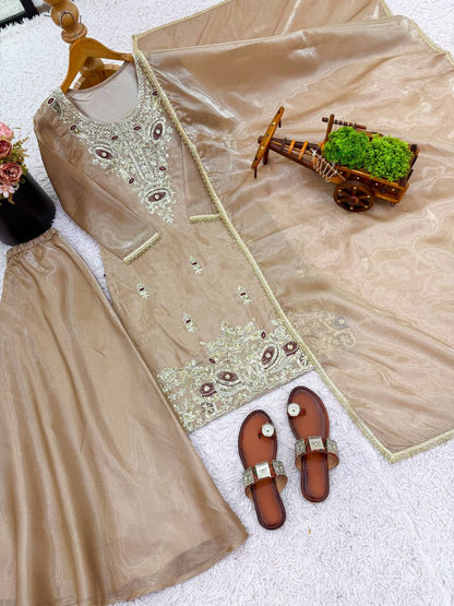 Gold Designer Pure Silky Silk Top Bottom and Dupatta For Party Wear
