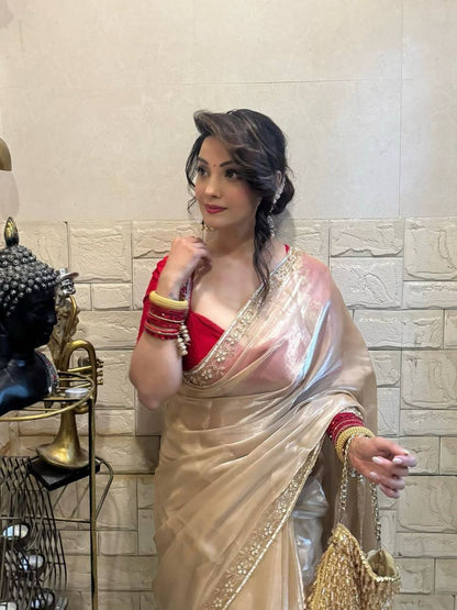 Gold Designer Satin Jimmy Choo Saree and Valmoti Handwork Border Blouse