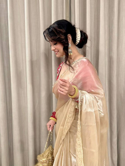 Gold Designer Satin Jimmy Choo Saree and Valmoti Handwork Border Blouse