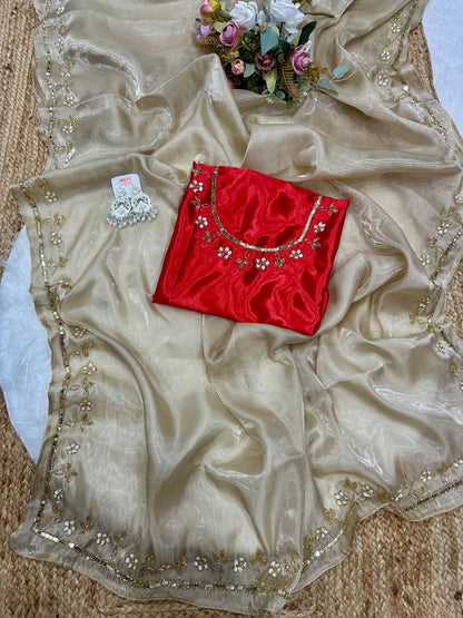 Gold Designer Satin Jimmy Choo Saree and Valmoti Handwork Border Blouse