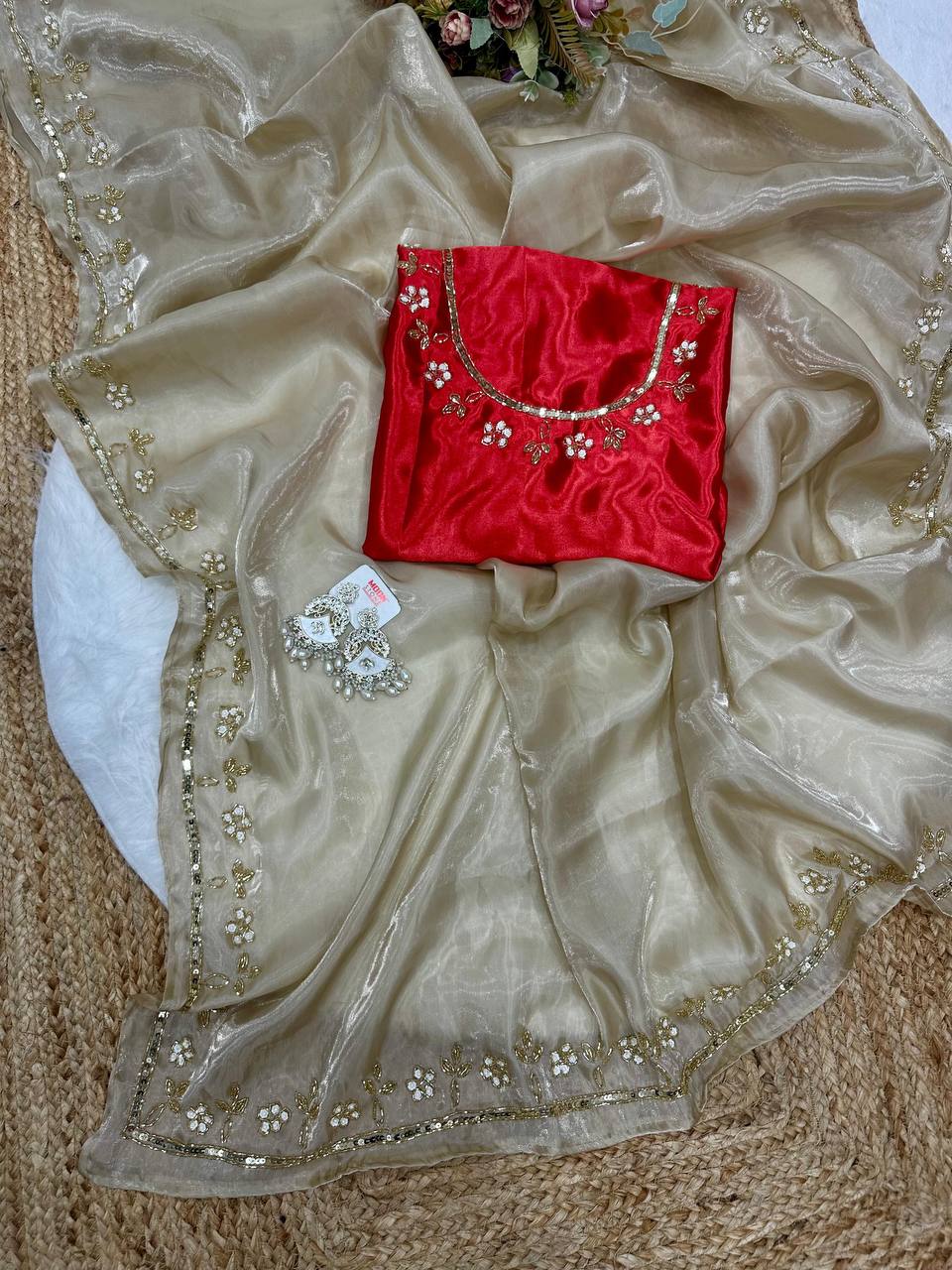 Gold Designer Satin Jimmy Choo Saree and Valmoti Handwork Border Blouse