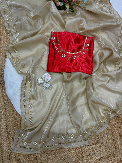 Gold Designer Satin Jimmy Choo Saree and Valmoti Handwork Border Blouse