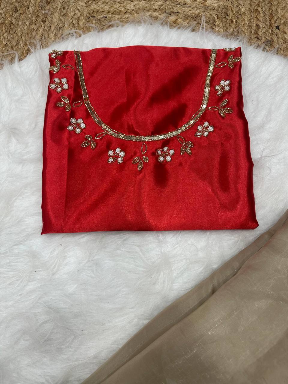 Gold Designer Satin Jimmy Choo Saree and Valmoti Handwork Border Blouse