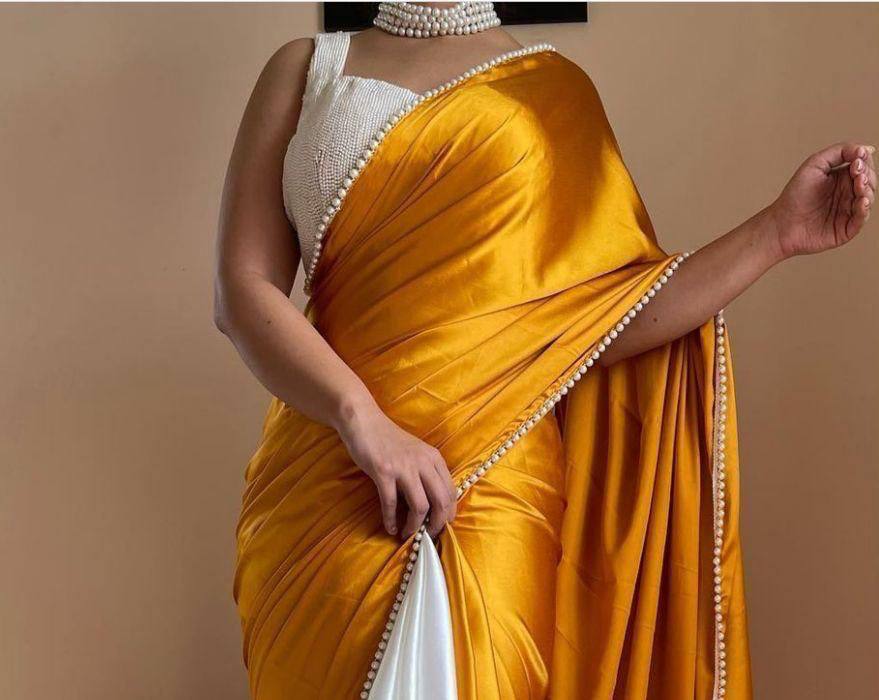 Gold Satin Saree with Moti Lace Border and White Blouse