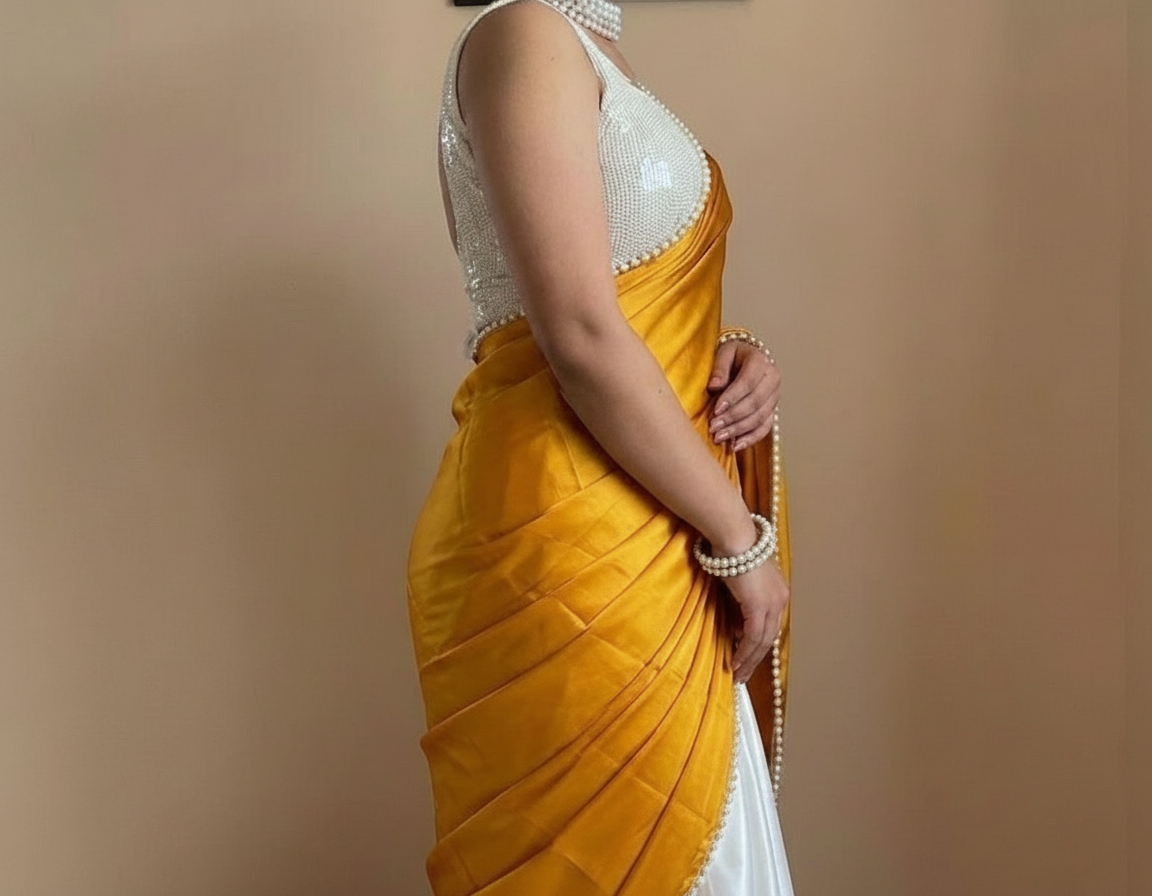 Gold Satin Saree with Moti Lace Border and White Blouse