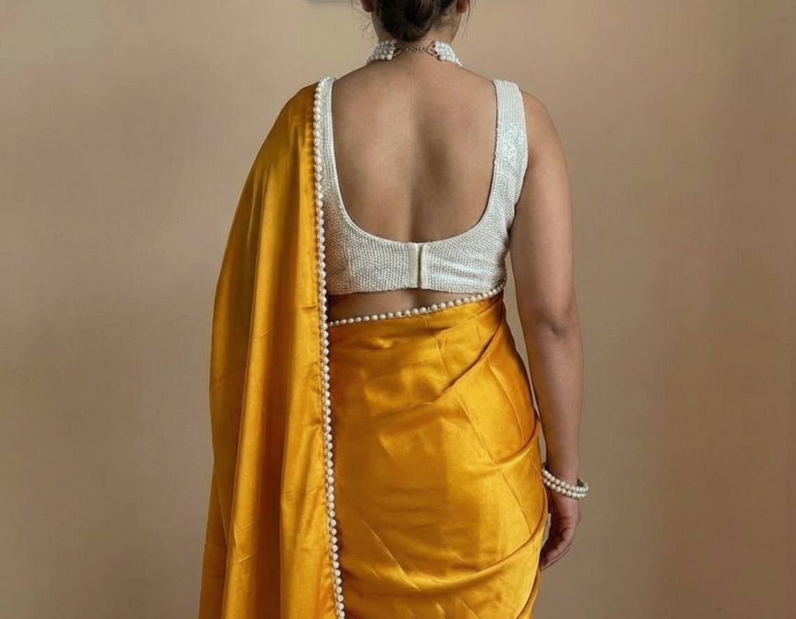 Gold Satin Saree with Moti Lace Border and White Blouse