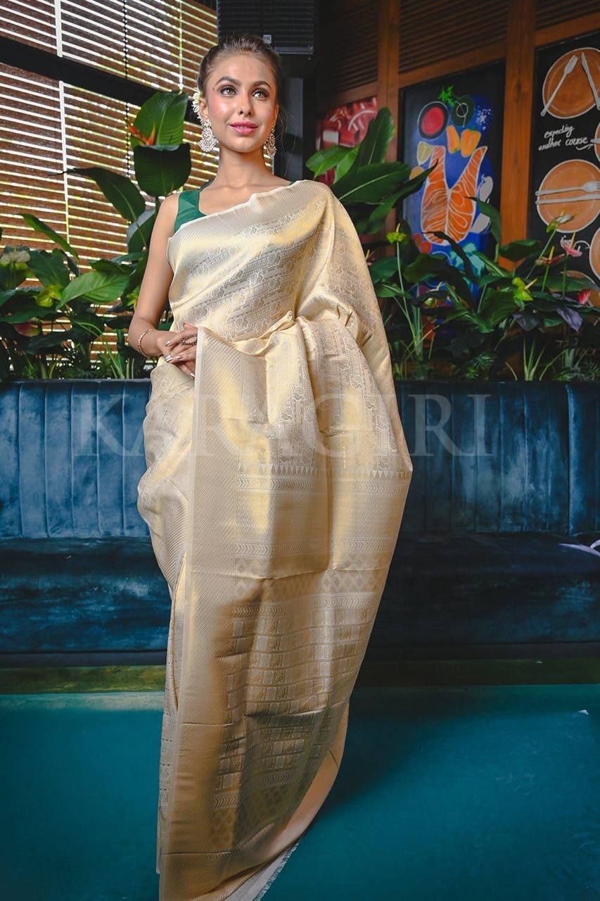 Gold Traditional Kanchipuram Silk Saree with Designer Border Blouse