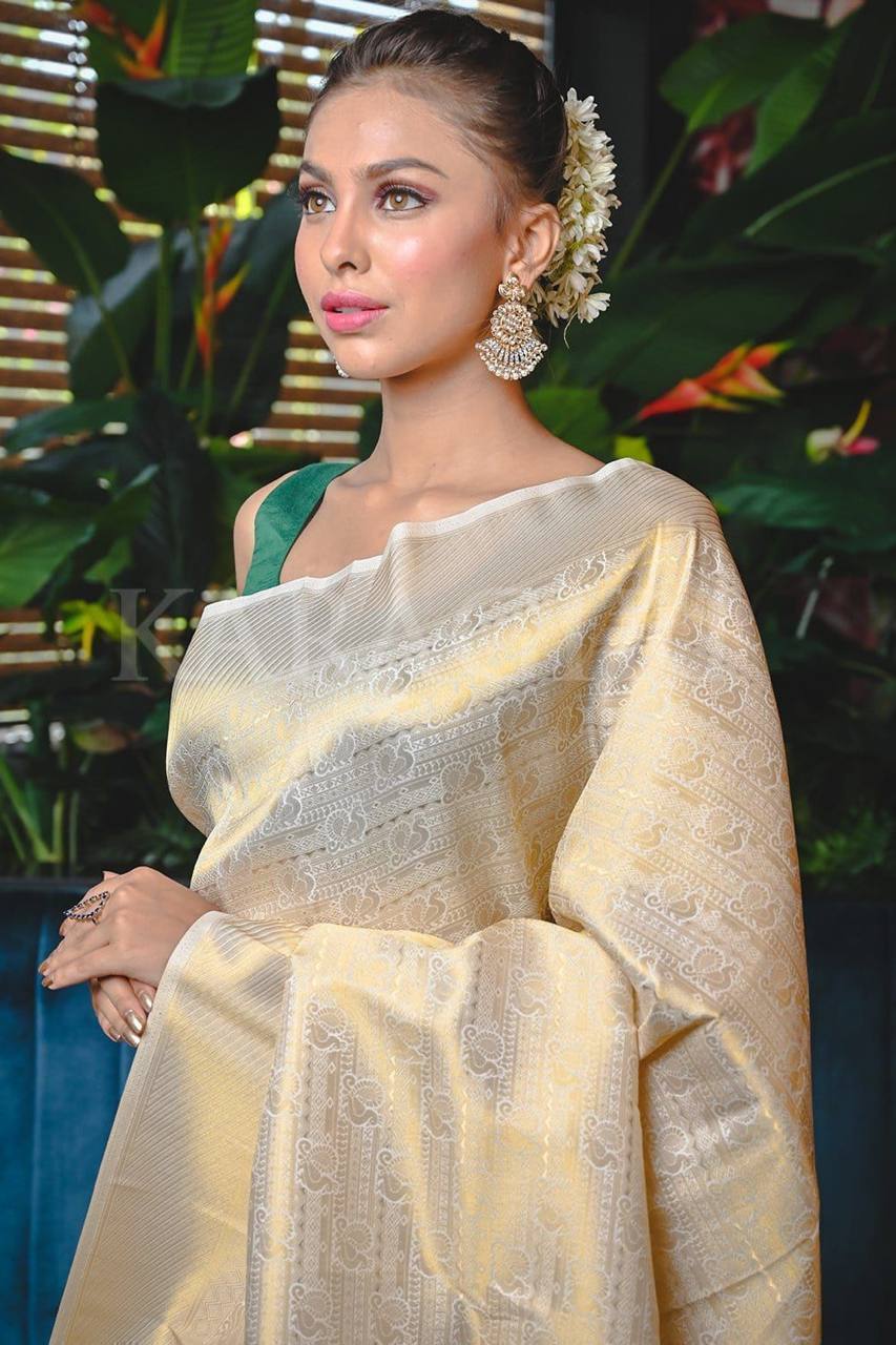 Gold Traditional Kanchipuram Silk Saree with Designer Border Blouse