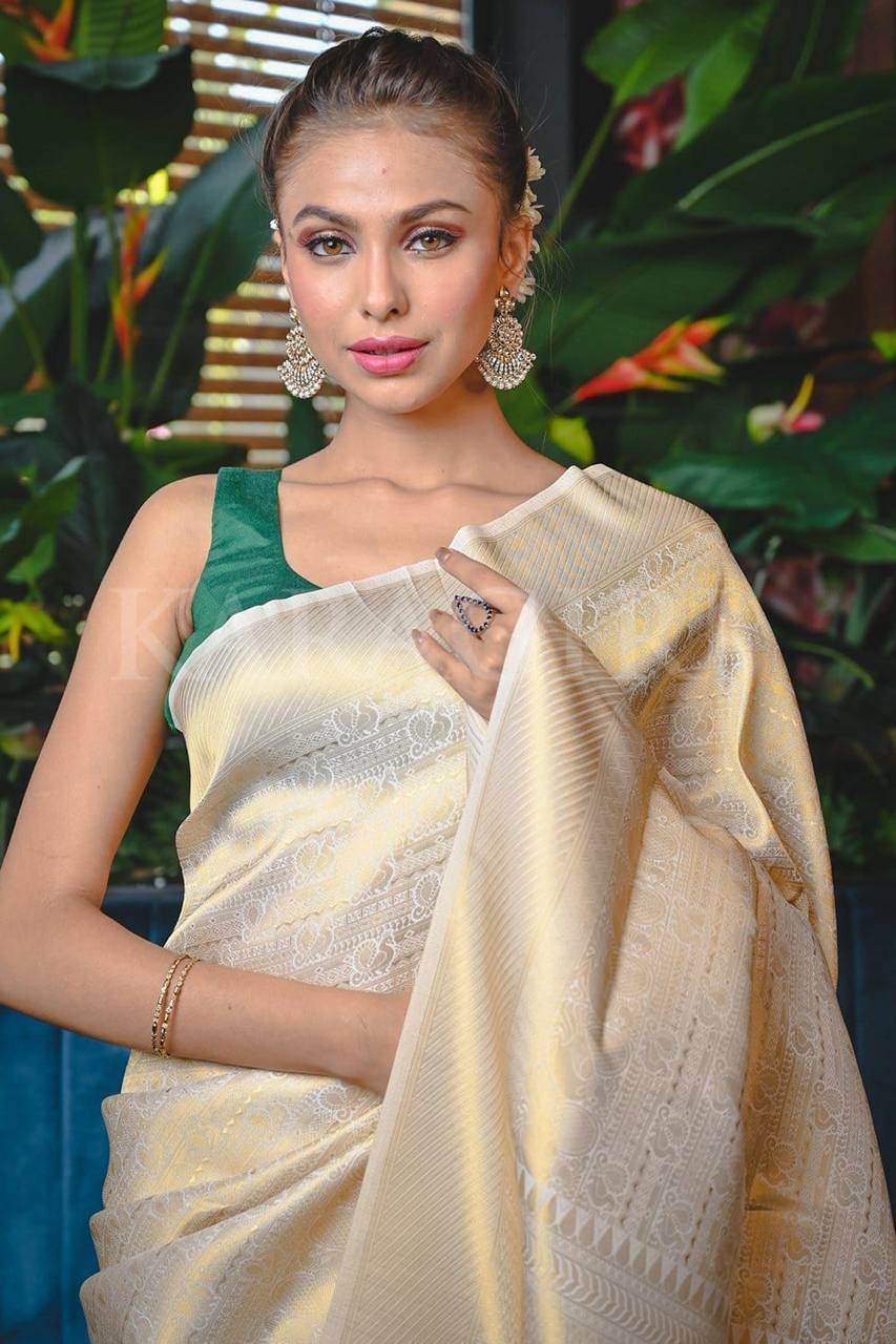 Gold Traditional Kanchipuram Silk Saree with Designer Border Blouse