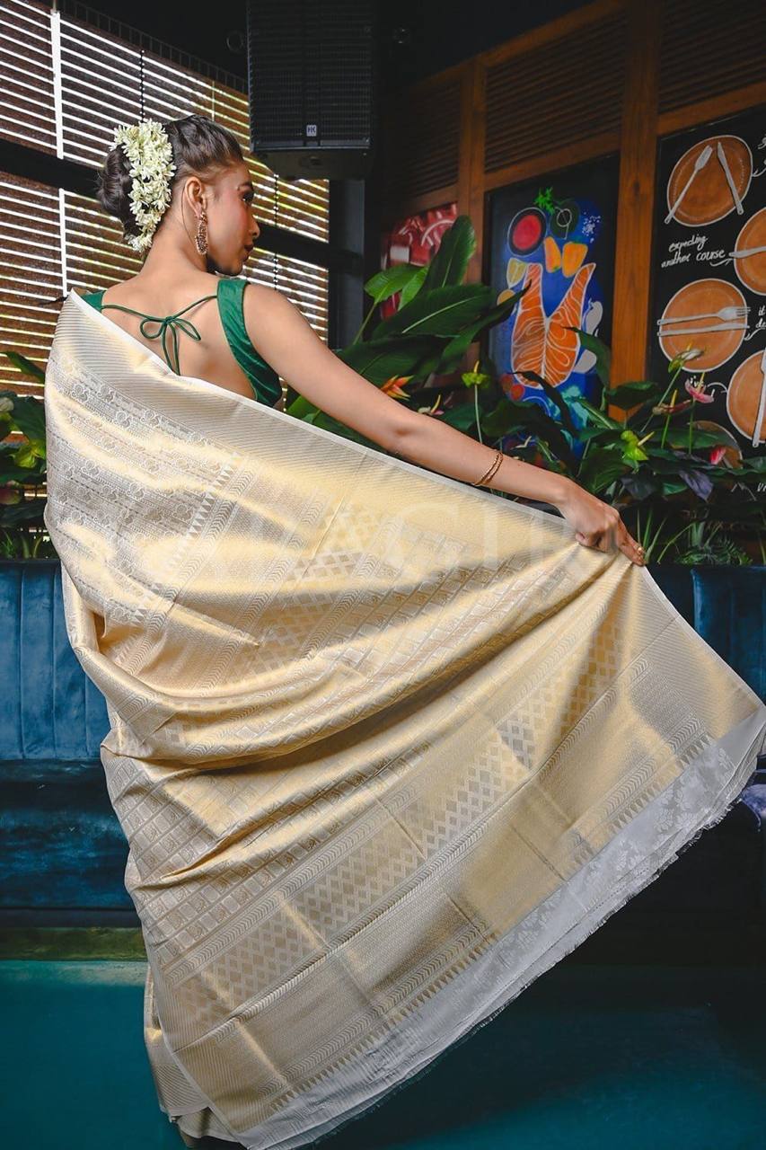 Gold Traditional Kanchipuram Silk Saree with Designer Border Blouse