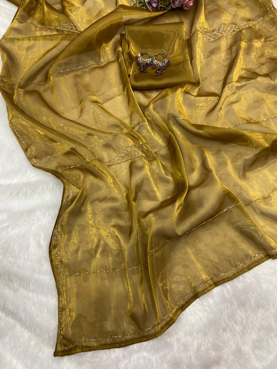 Golden Designer Jimmy Choo Satin Saree with Matching Blouse