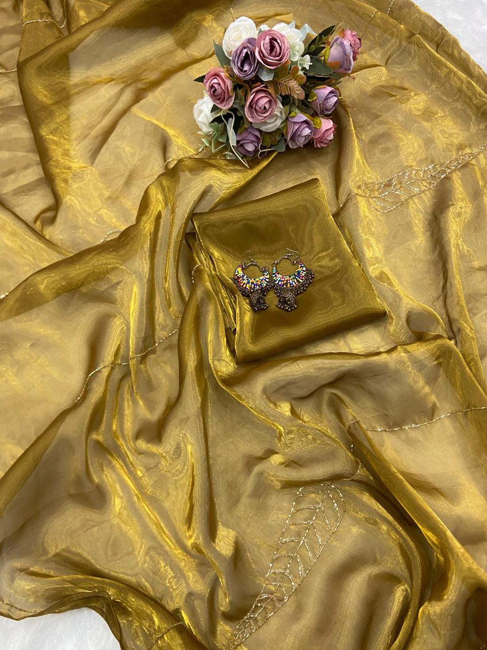 Golden Designer Jimmy Choo Satin Saree with Matching Blouse