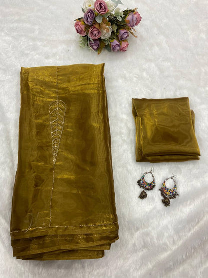 Golden Designer Jimmy Choo Satin Saree with Matching Blouse