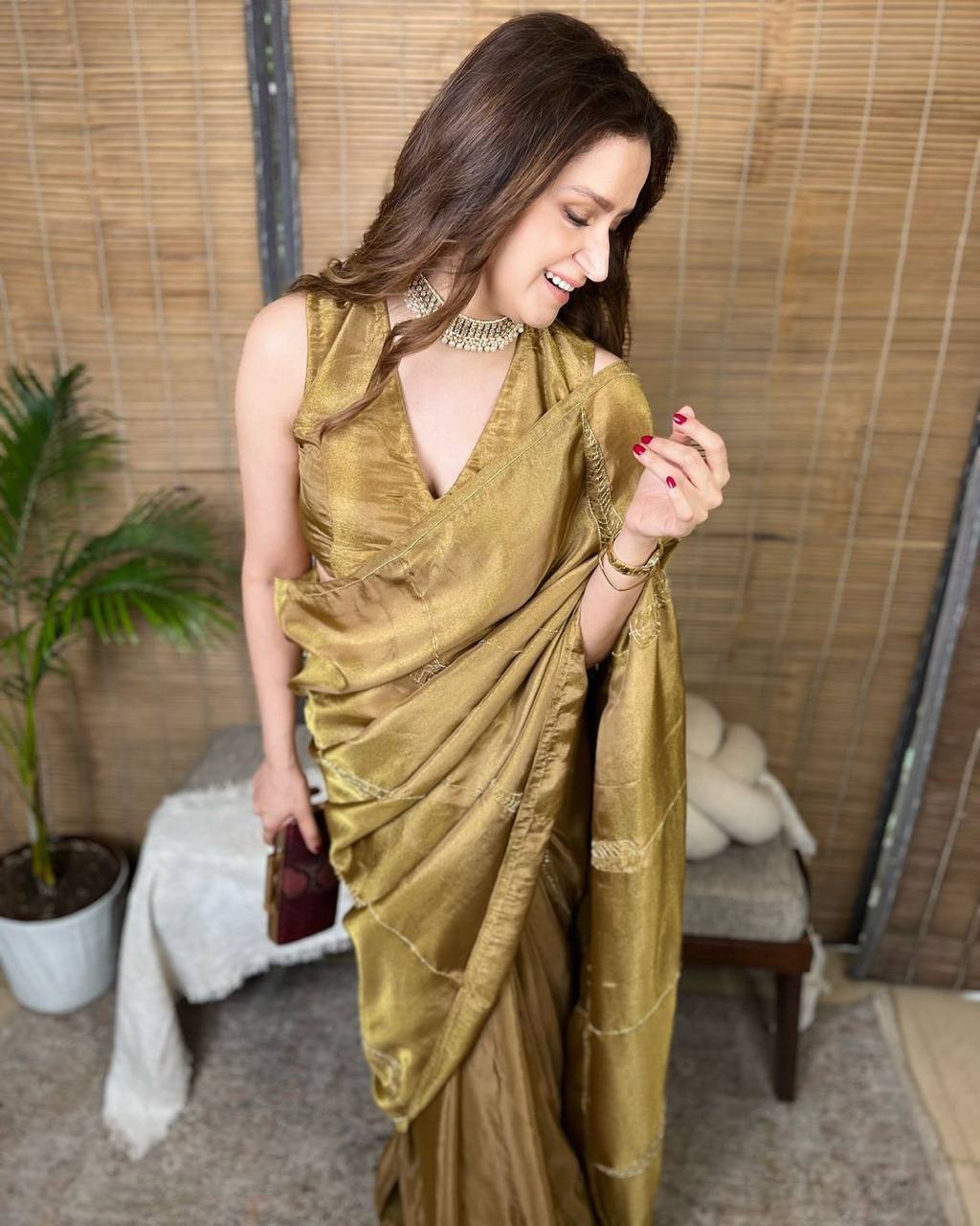 Golden Designer Jimmy Choo Satin Saree with Matching Blouse