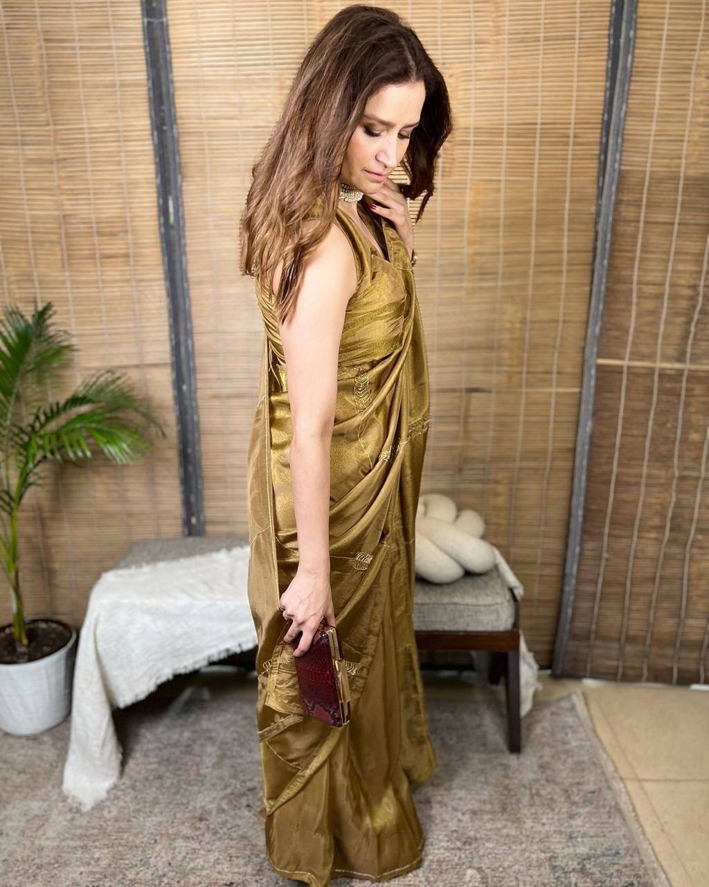 Golden Designer Jimmy Choo Satin Saree with Matching Blouse