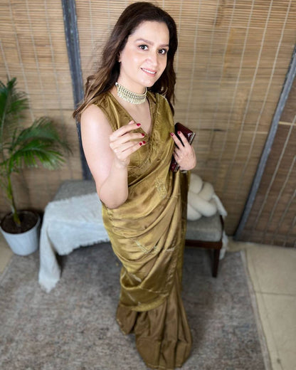 Golden Designer Jimmy Choo Satin Saree with Matching Blouse