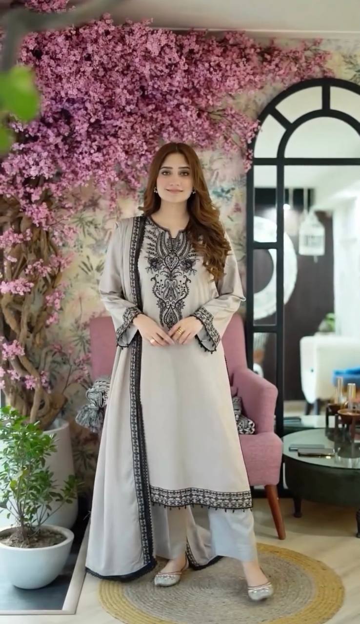 Gray Designer Faux Georgette Top Bottom and Dupatta For Party Wear 