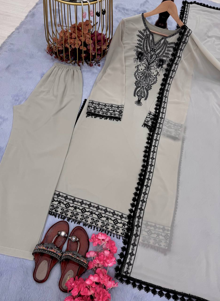 Gray Designer Faux Georgette Top Bottom and Dupatta For Party Wear 