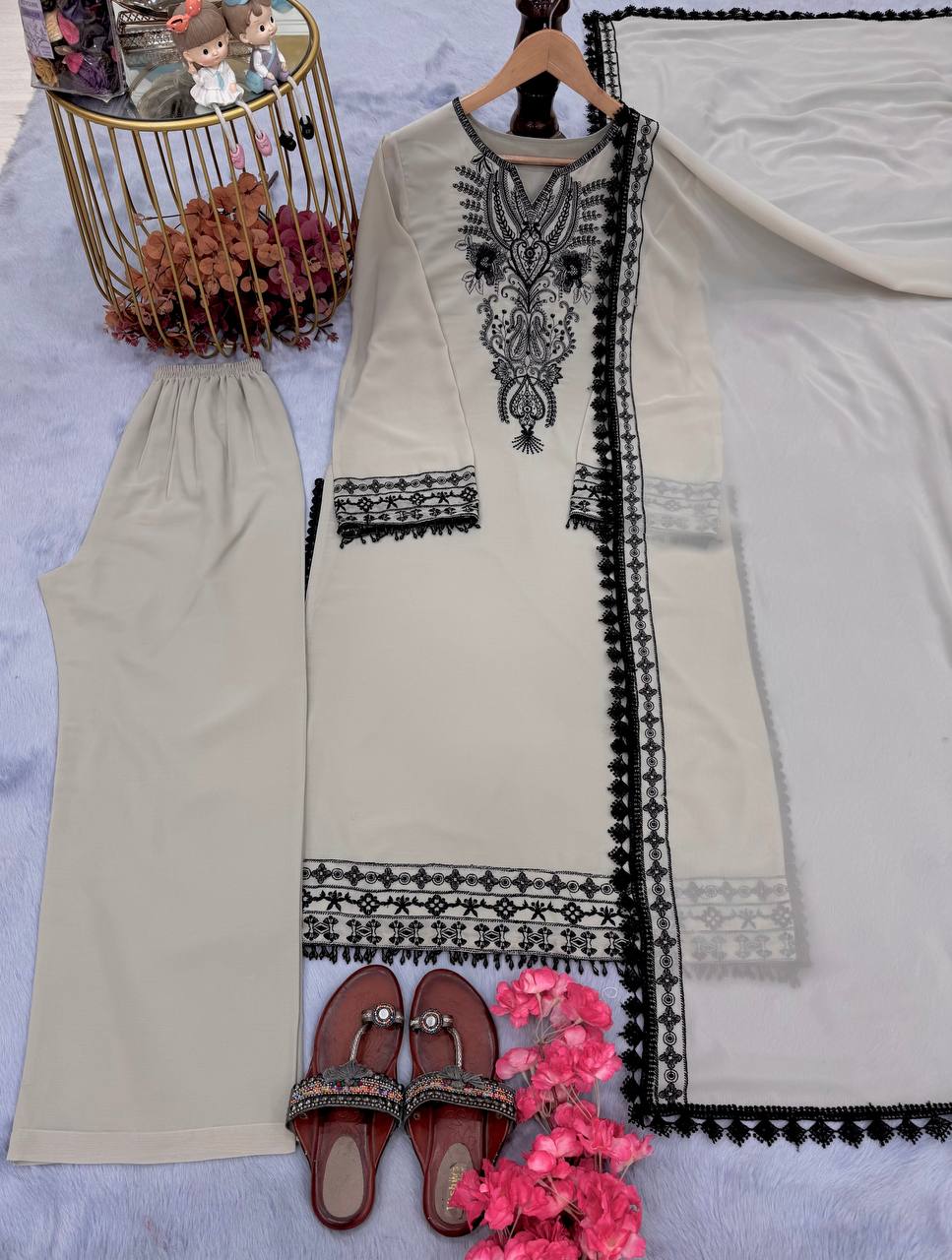 Gray Designer Faux Georgette Top Bottom and Dupatta For Party Wear 