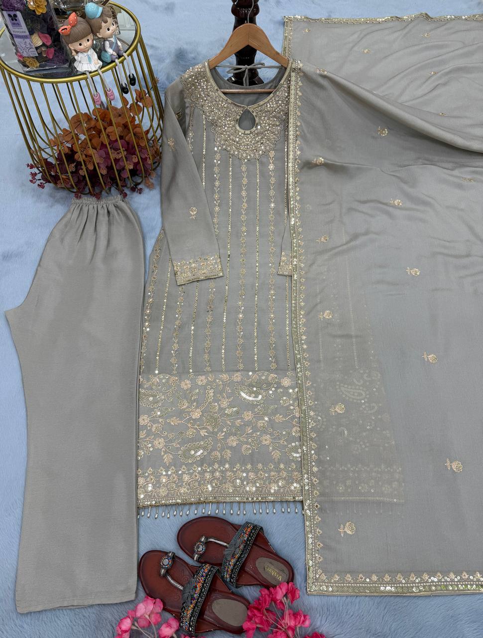 Gray Designer Pure Chinon Silk Embroidery Top Bottom and Dupatta