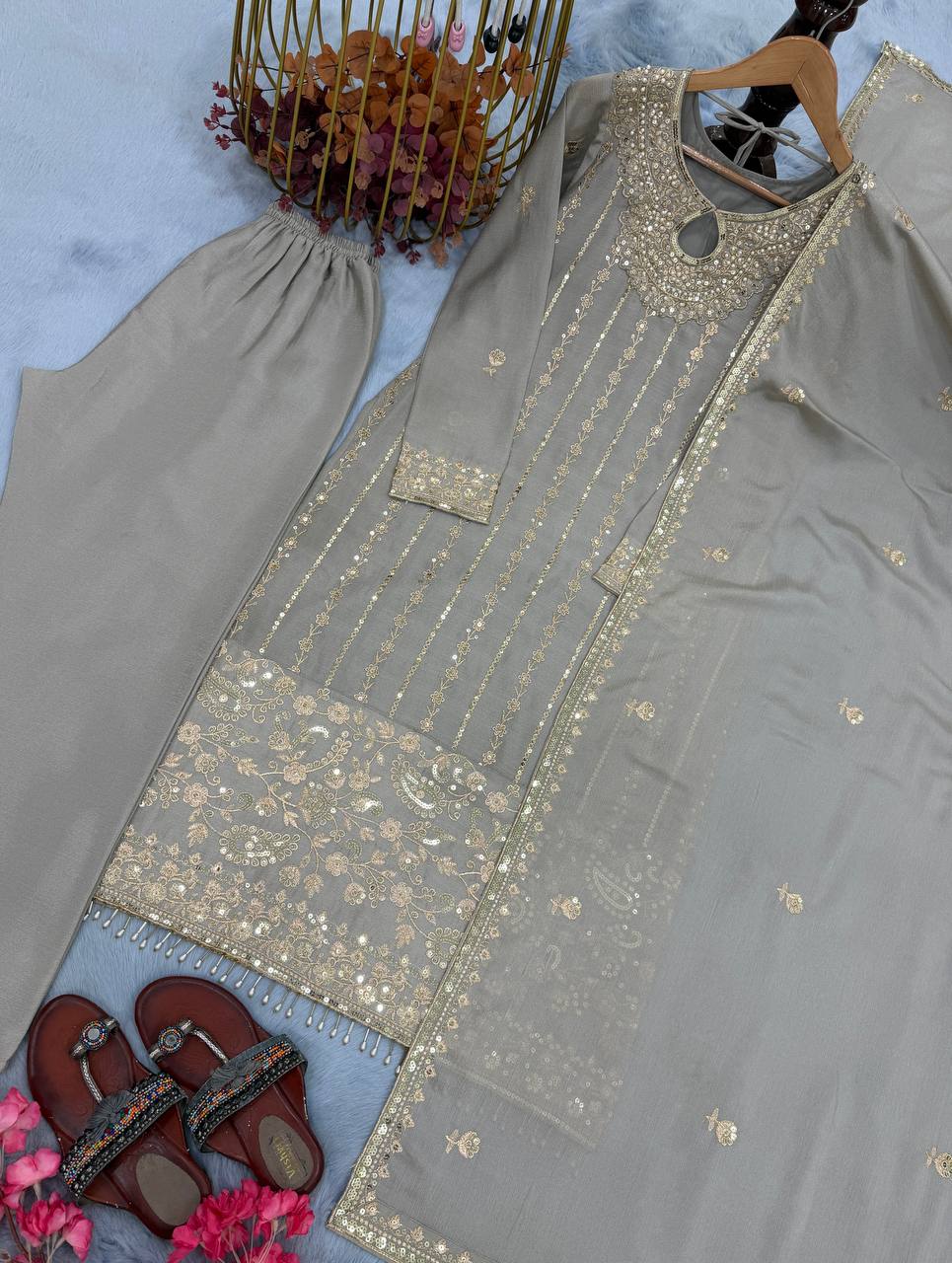 Gray Designer Pure Chinon Silk Embroidery Top Bottom and Dupatta