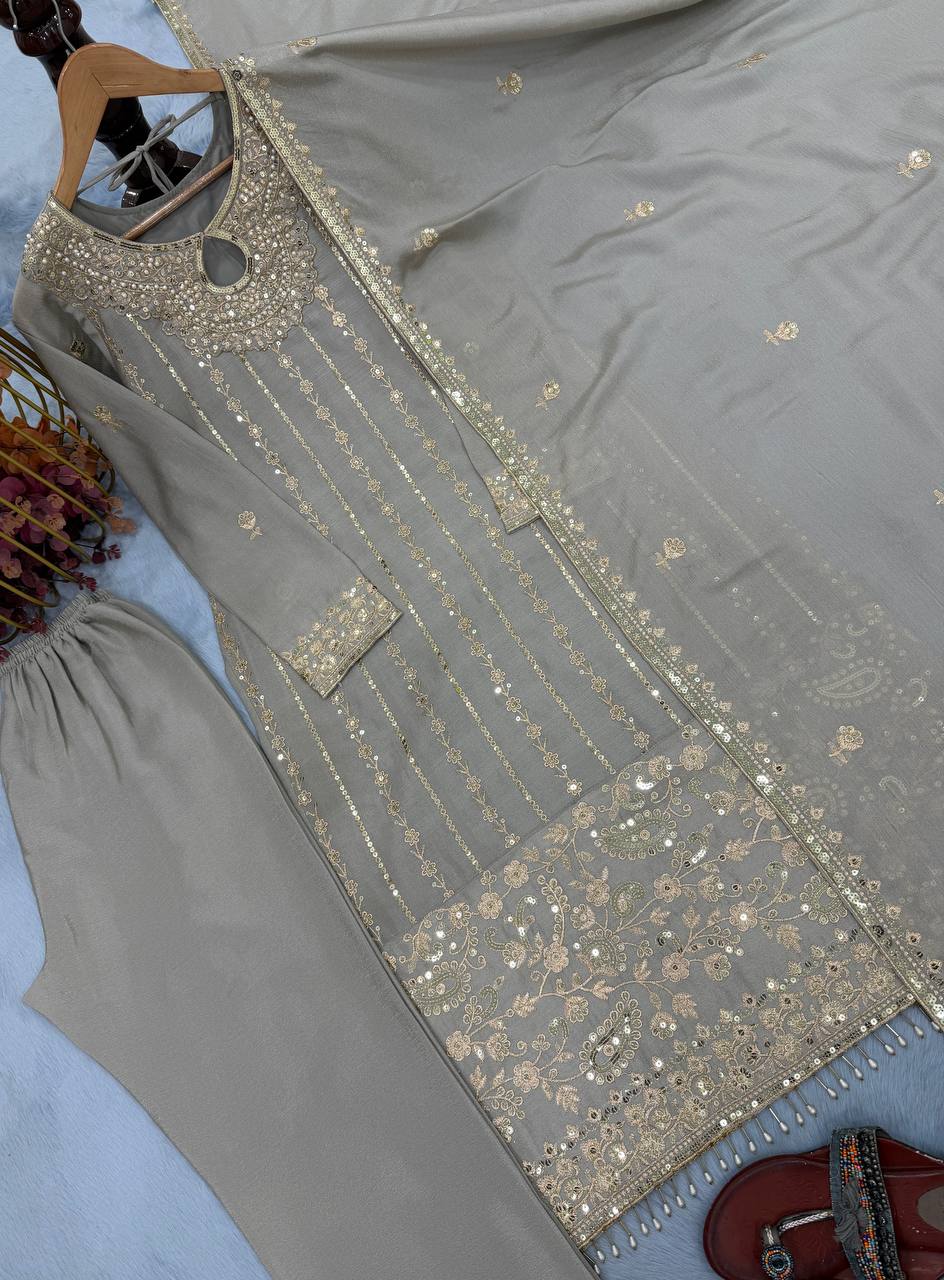 Gray Designer Pure Chinon Silk Embroidery Top Bottom and Dupatta