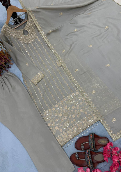 Gray Designer Pure Chinon Silk Embroidery Top Bottom and Dupatta