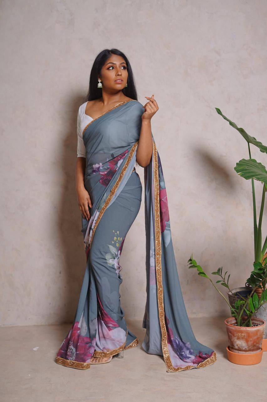 Gray Digital Print Georgette Saree with Lace Border White Blouse