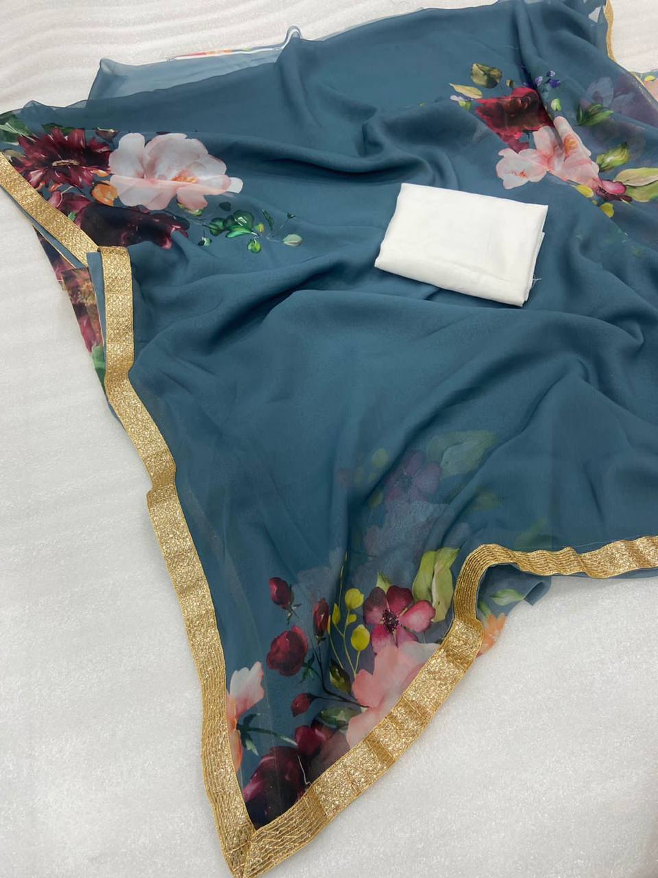 Gray Digital Print Georgette Saree with Lace Border White Blouse