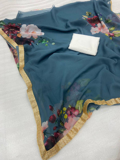 Gray Digital Print Georgette Saree with Lace Border White Blouse