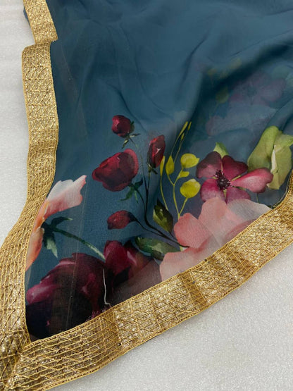 Gray Digital Print Georgette Saree with Lace Border White Blouse