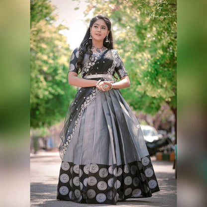 Gray Kanchipuram Silk Lehenga Choli with Jacquard Blouse & Net Dupatta