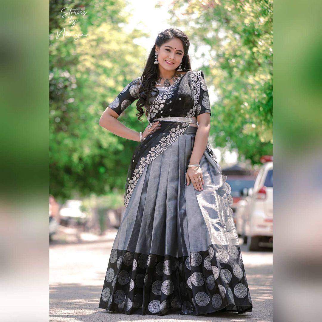 Gray Kanchipuram Silk Lehenga Choli with Jacquard Blouse & Net Dupatta