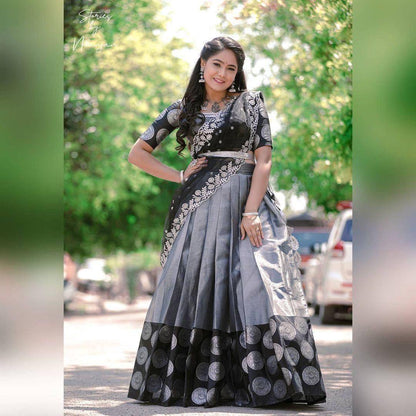 Gray Kanchipuram Silk Lehenga Choli with Jacquard Blouse & Net Dupatta