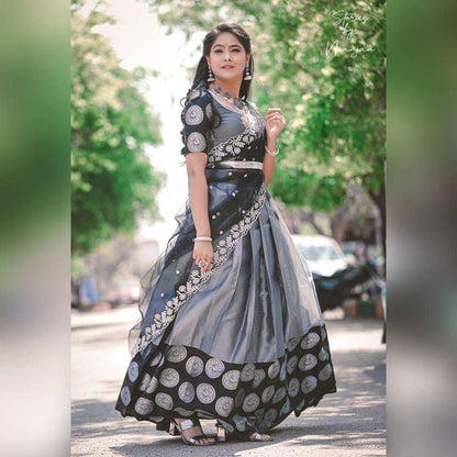 Gray Kanchipuram Silk Lehenga Choli with Jacquard Blouse & Net Dupatta
