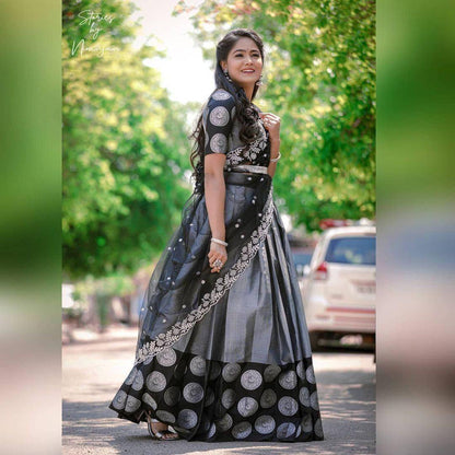 Gray Kanchipuram Silk Lehenga Choli with Jacquard Blouse & Net Dupatta