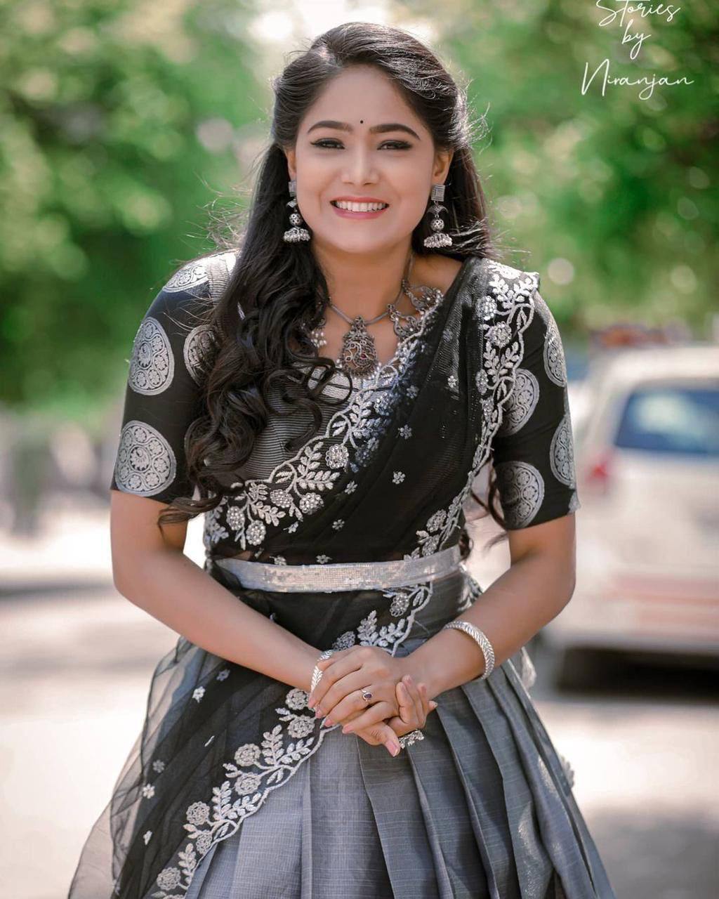 Gray Kanchipuram Silk Lehenga Choli with Jacquard Blouse & Net Dupatta